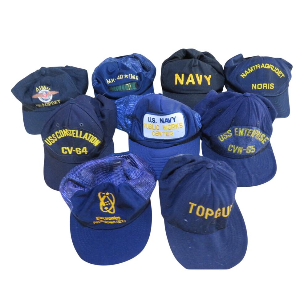Lot of 9 US Navy Military-Themed Cap Hat Snapback Blues Black Gold Vintage